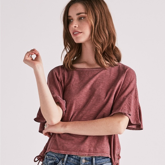 Lucky Brand Tops - Lucky Brand Woman's Stripe Lace Up Ruffle Tee